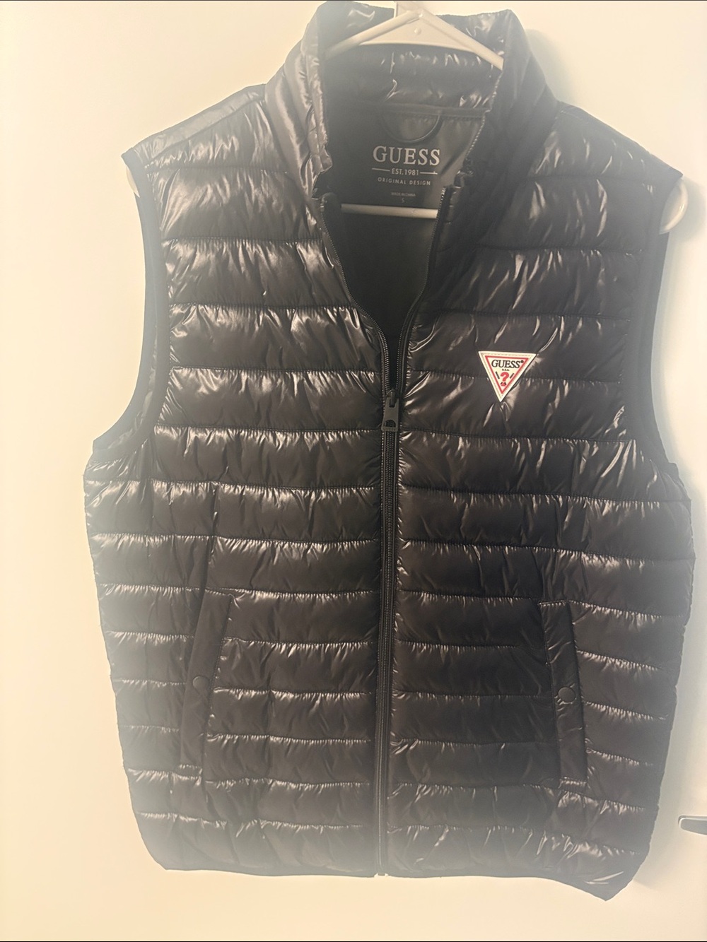 GUESS Men's Black Shiny Quilted Vest with Logo Patch